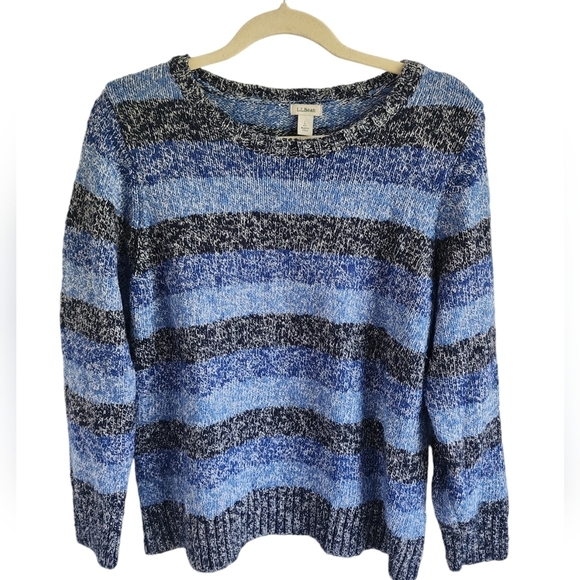 LlBean 100% Cotton Ragg Crewneck Petites Striped Pullover Size Large - Picture 1 of 9